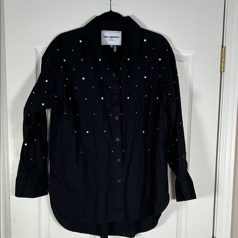 Karl Lagerfeld Ltd Edition Black Shirt with Pearl Stud Embellishments size L
